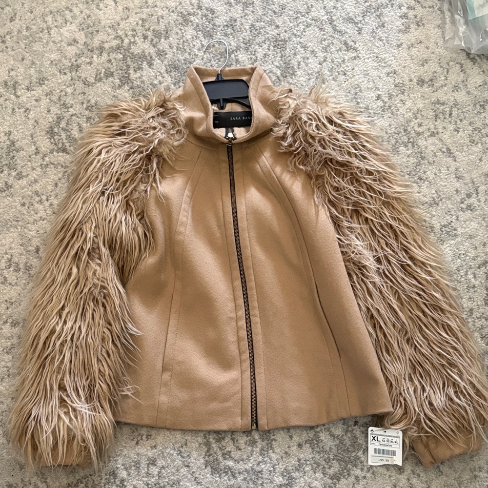 Zara Beige Jacket with Faux Fur Sleeves Unique Statement Piece XL